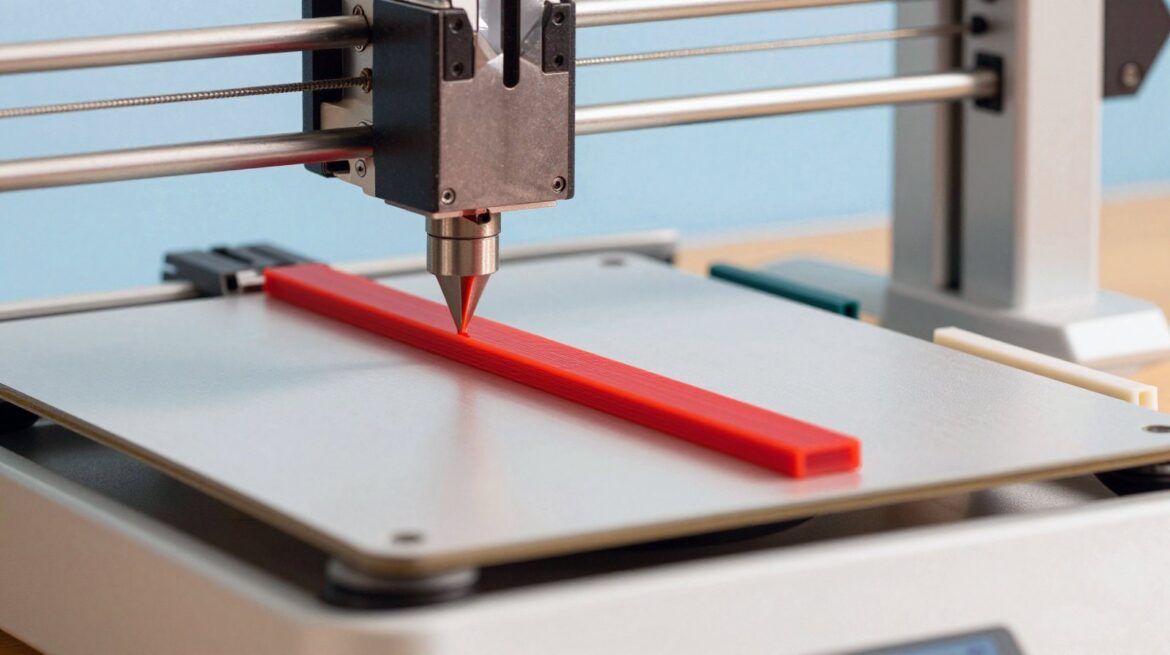 Close-up of a 3D printer nozzle printing a slim red plastic bar on a white bed, with finished white and teal bars beside it.