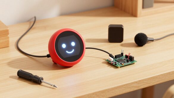 A small round touchscreen gadget on a maker's workbench, wired to a tiny development board.