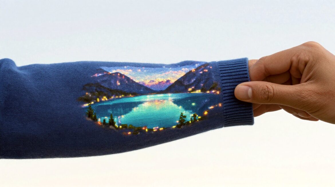 A finger touching a blue knitted sleeve with a glowing grid of tiny coloured lights woven into it.