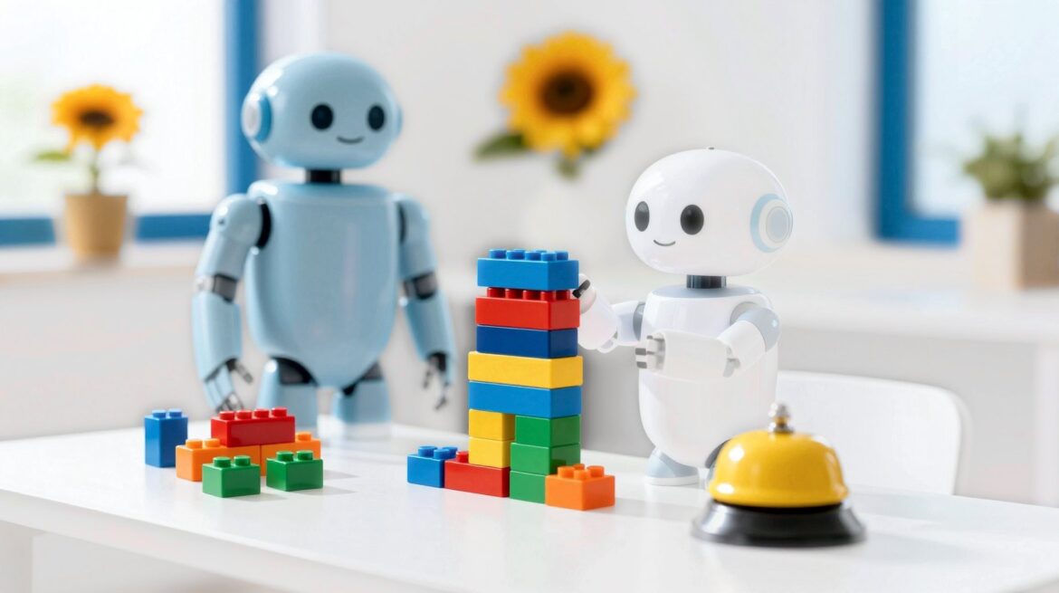 A small white robot building a tower of coloured blocks raises a hand toward a yellow desk bell, while a larger blue robot waits in the background.