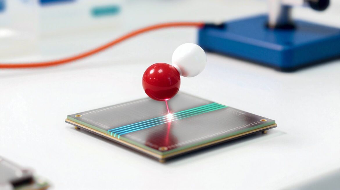 A red-and-white molecule model hovers over a photonic chip with glowing cyan and green light channels, touched by a thin red laser beam.