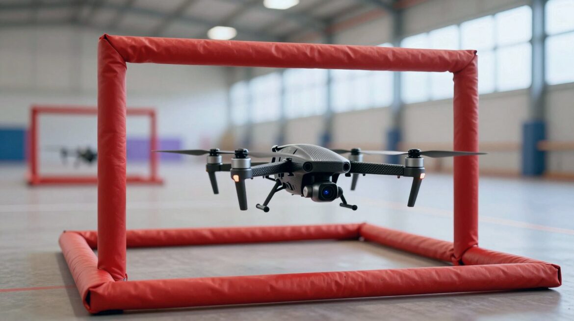 Un pequeño dron cuadricóptero con cámara frontal cruza una puerta acolchada roja en un pabellón luminoso, con otra puerta al fondo.