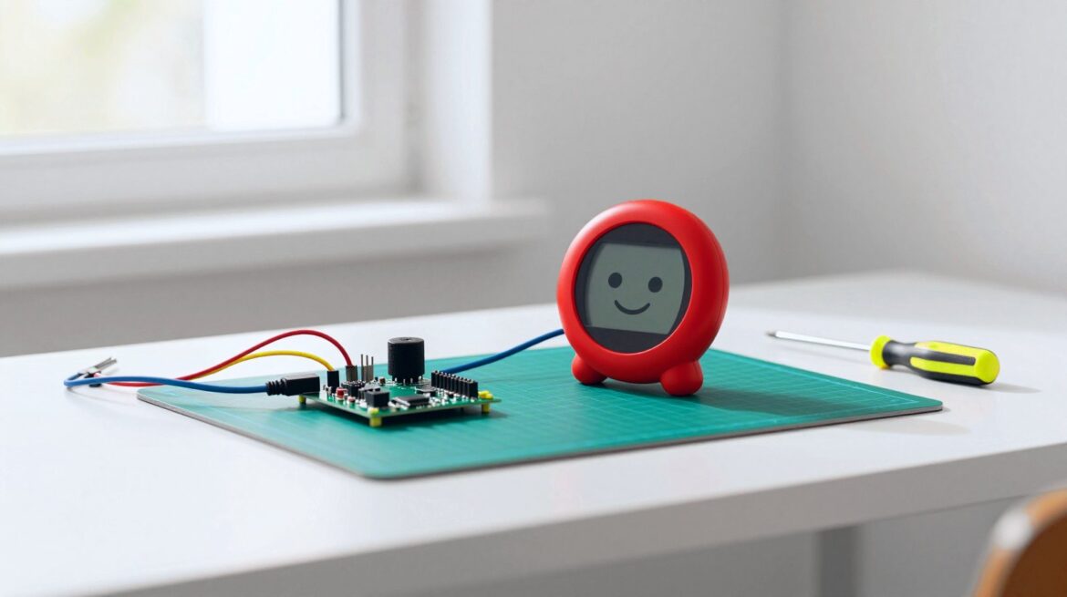 A small round touchscreen gadget on a white workbench with a green mat, wired to a tiny development board.