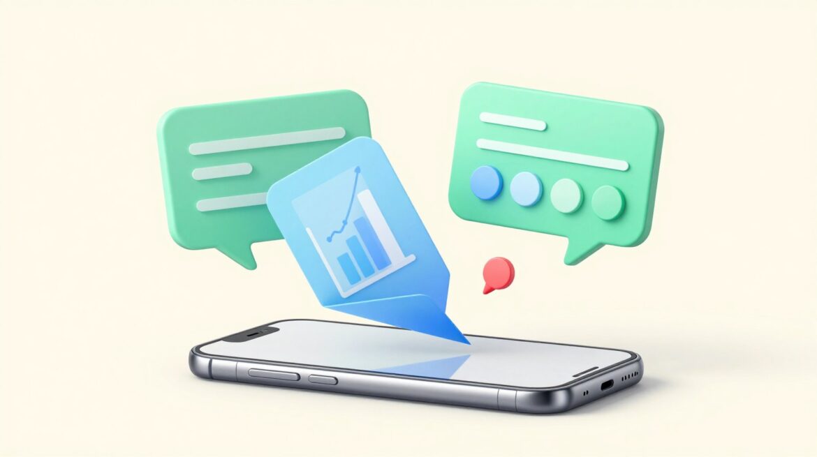 A chat bubble above a smartphone unfolding into interactive cards, a chart, sliders and buttons.