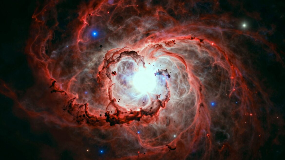Artist's impression of a star explosion: a white-hot core bursting inside vivid red and magenta shells of glowing gas, with blue stars nearby.