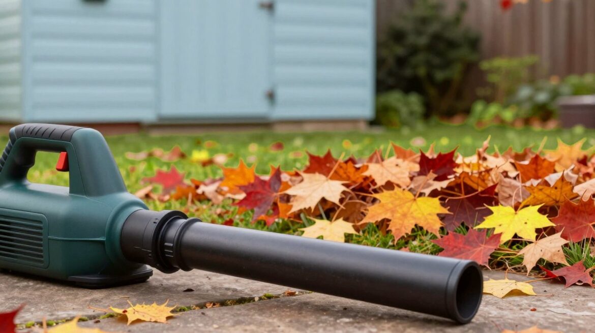 A green and black cordless leaf blower with a long tube on a stone path beside a pile of autumn leaves, with a pale blue shed behind.
