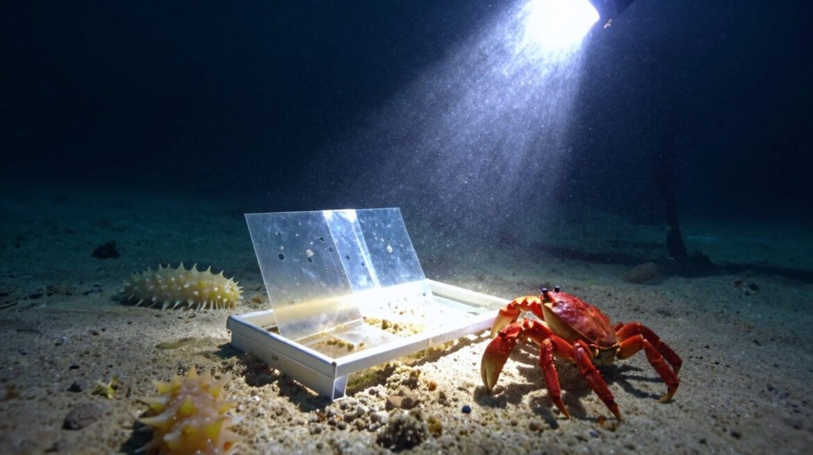 Un pequeño marco de muestras con láminas de plástico en el oscuro fondo marino, iluminado por focos, con un cangrejo rojo al lado y nieve marina en el haz de luz.