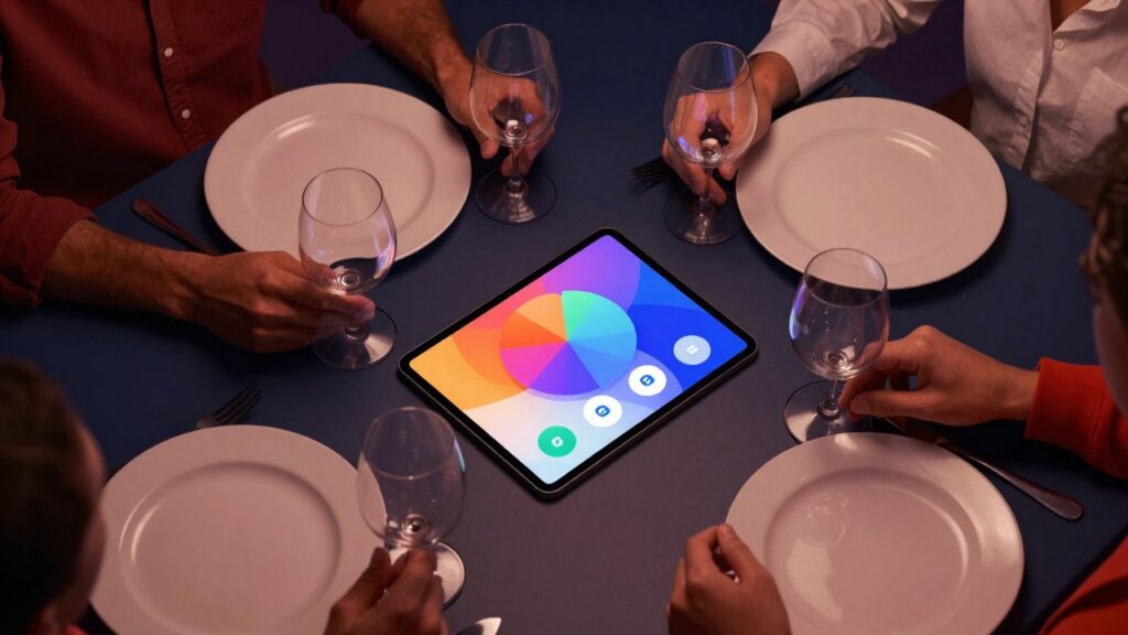 A dinner table seen from above with a tablet showing a colourful bill-splitting tool.