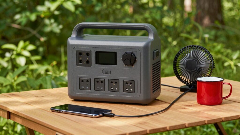 Una estación de energía portátil lisa sobre una mesa de camping cargando un móvil y un pequeño ventilador, en un claro soleado del bosque.