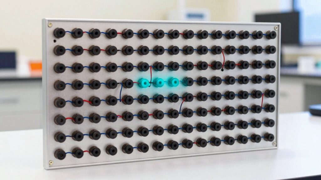 The back of a silver display panel covered with a grid of small round actuators, one area highlighted in cyan.