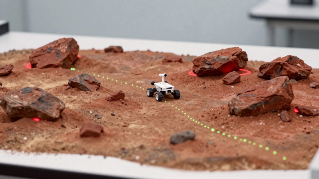 A small model rover on a red rocky tabletop landscape, with a glowing green dotted path weaving between rocks marked with red rings.