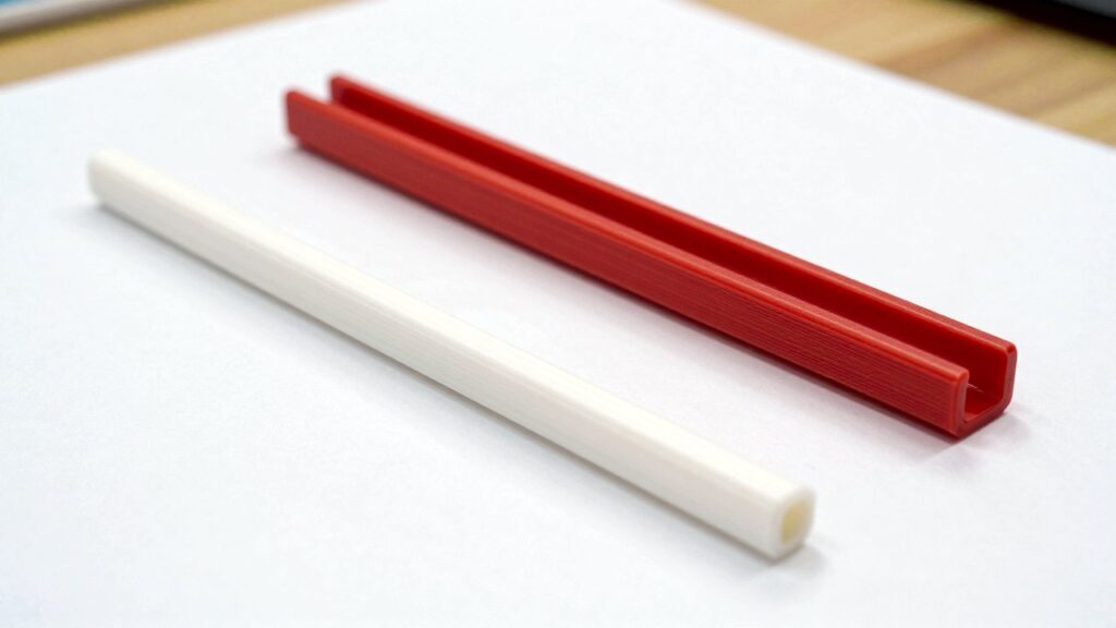 Las dos piezas de la pinza sobre una alfombrilla blanca: una barra blanca en forma de D y una funda roja en C con ranura y pestaña.