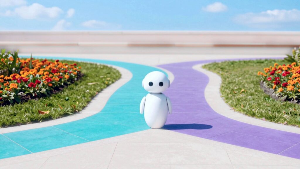 A small white robot stands where a path splits into a turquoise and a violet track in a bright park with red and orange flowers.