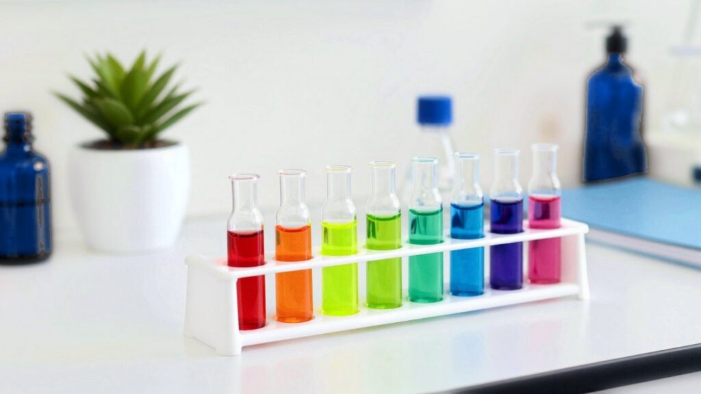 A white rack of small glass vials, each with a liquid of a different bright colour, one glowing softly in front.