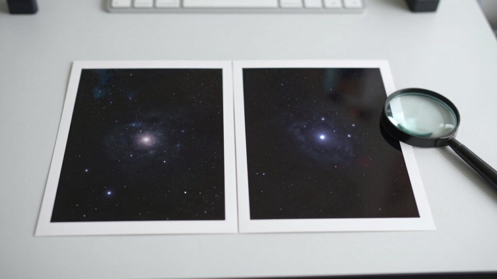 Dos copias impresas de la misma zona del cielo una al lado de otra; en la segunda ha aparecido un pequeño punto de luz nuevo junto a una galaxia.