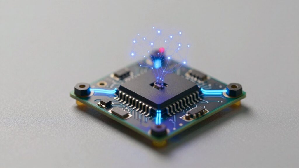 Close-up of a small drone circuit board with a central chip, glowing traces running to four motor connectors and a faint web of light points above it.