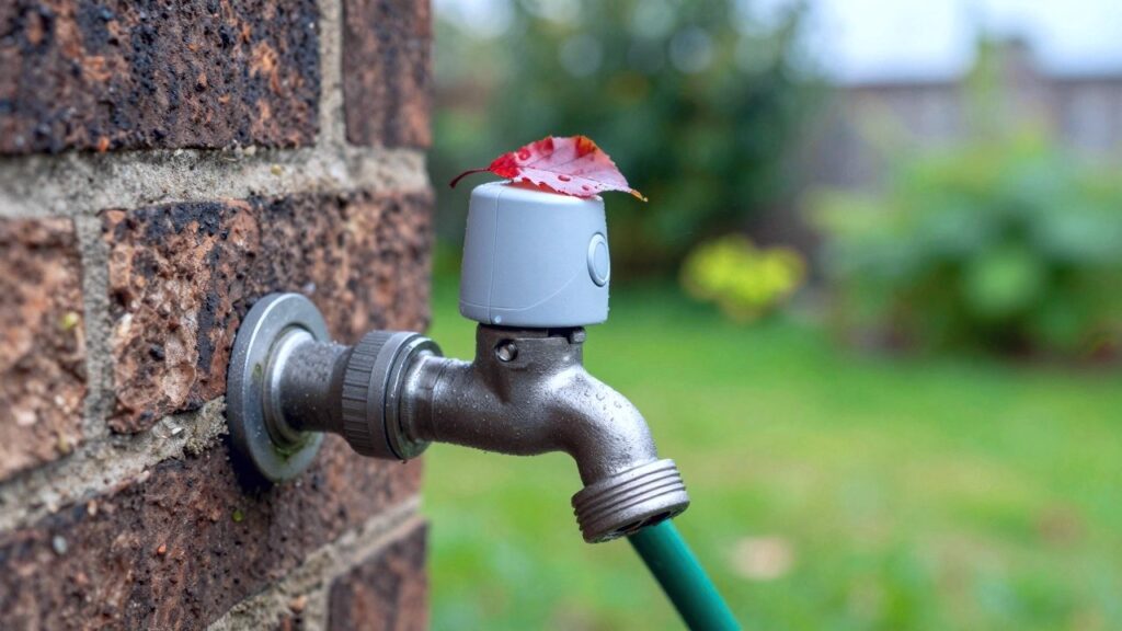 Un pequeño programador gris acoplado a un grifo de jardín en una pared de ladrillo, con una hoja roja encima y una manguera verde debajo.