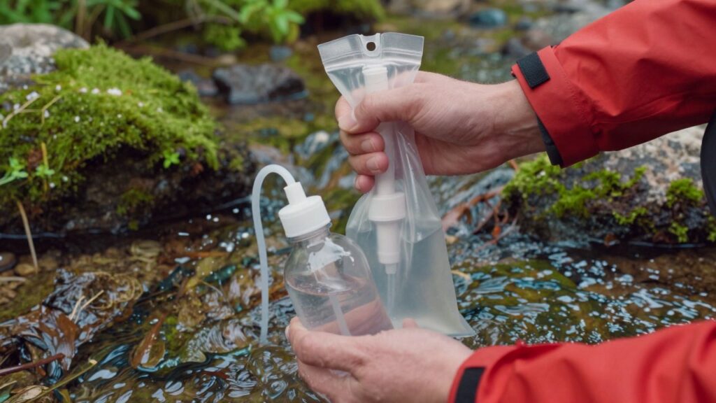 Hands in a red jacket squeezing stream water through a small white filter into a clear bottle beside mossy stones.