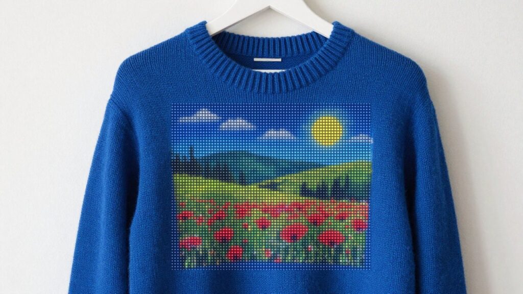 Un jersey azul de punto con un paisaje detallado en el pecho formado por miles de diminutos LED encendidos.