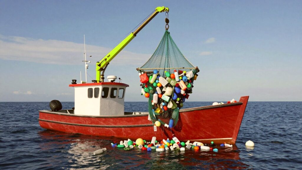 Un pequeño barco de trabajo rojo y blanco en un mar azul saca del agua, con un brazo grúa amarillo, una red verde llena de botellas y bolsas de plástico de colores.