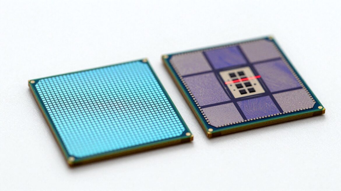 Dos chips de silicio desnudos sobre una superficie blanca: uno con muchos núcleos azules pequeños y otro con bloques violetas, unidos por trazos rojos de luz.