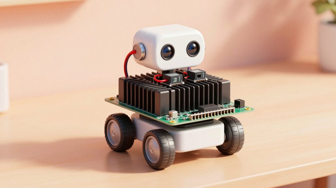 A small wheeled robot carrying a compact computer board with two little cameras as eyes.