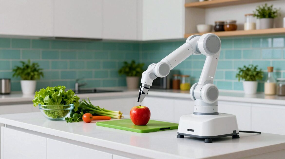 A plain white service robot with one arm pauses over a red apple on a green chopping board in a bright kitchen full of green plants.