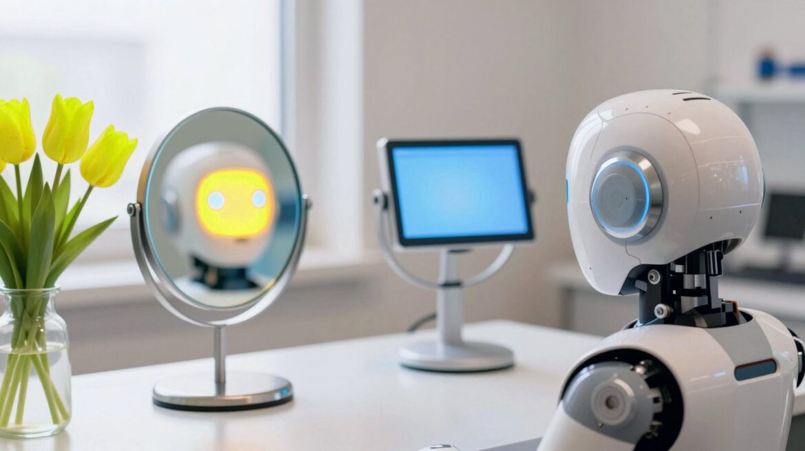 A small white robot looking into two mirrors, each reflection glowing a different colour.