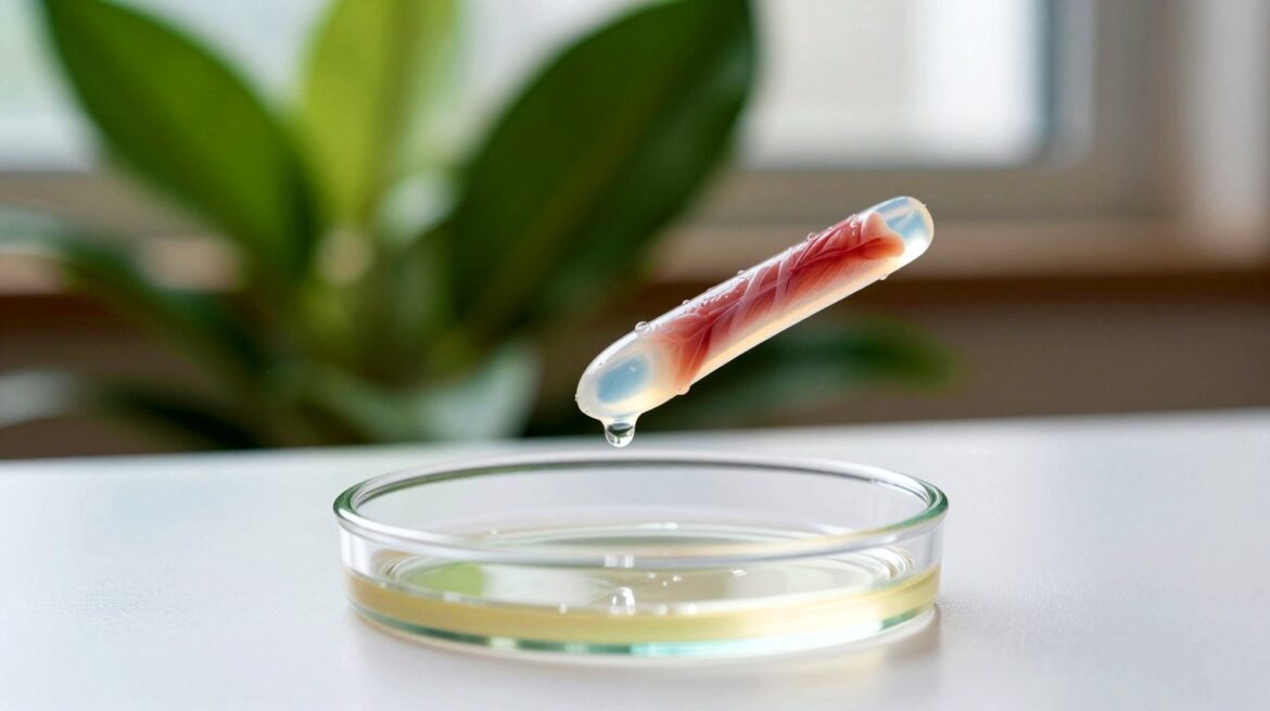 A tiny translucent gel robot with a red strip of muscle jumping above a petri dish.