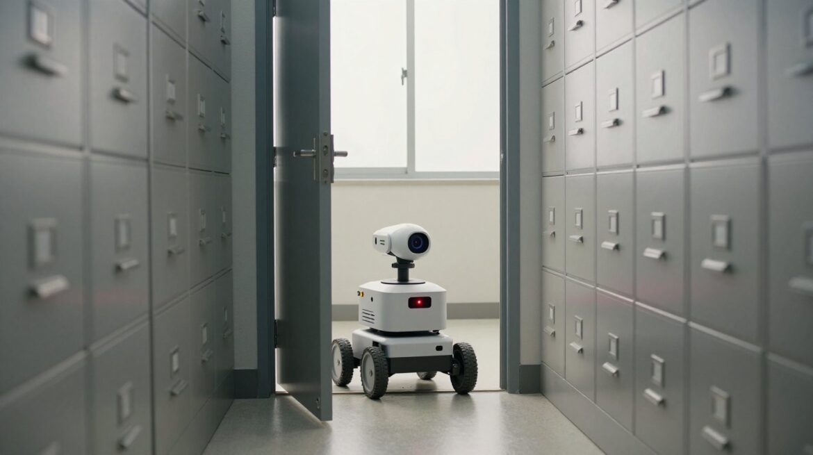 A small wheeled robot rolls through a half-open door into a records room full of filing cabinets.