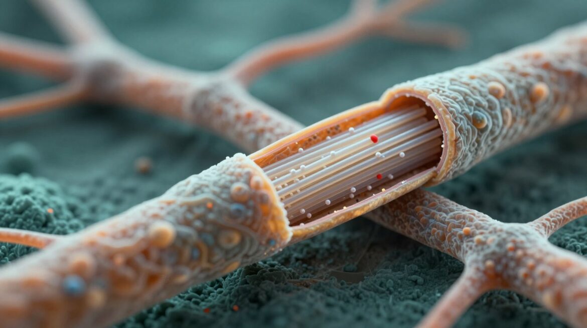 Microscope-style cutaway of a nerve cell axon, opened to show a bundle of thin hollow microtubules running along its length.