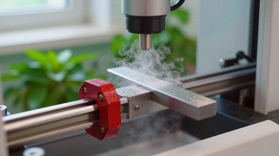 A polished metal test bar clamped in a testing machine, covered in frost and wisps of cold vapour, with a red clamp ring.