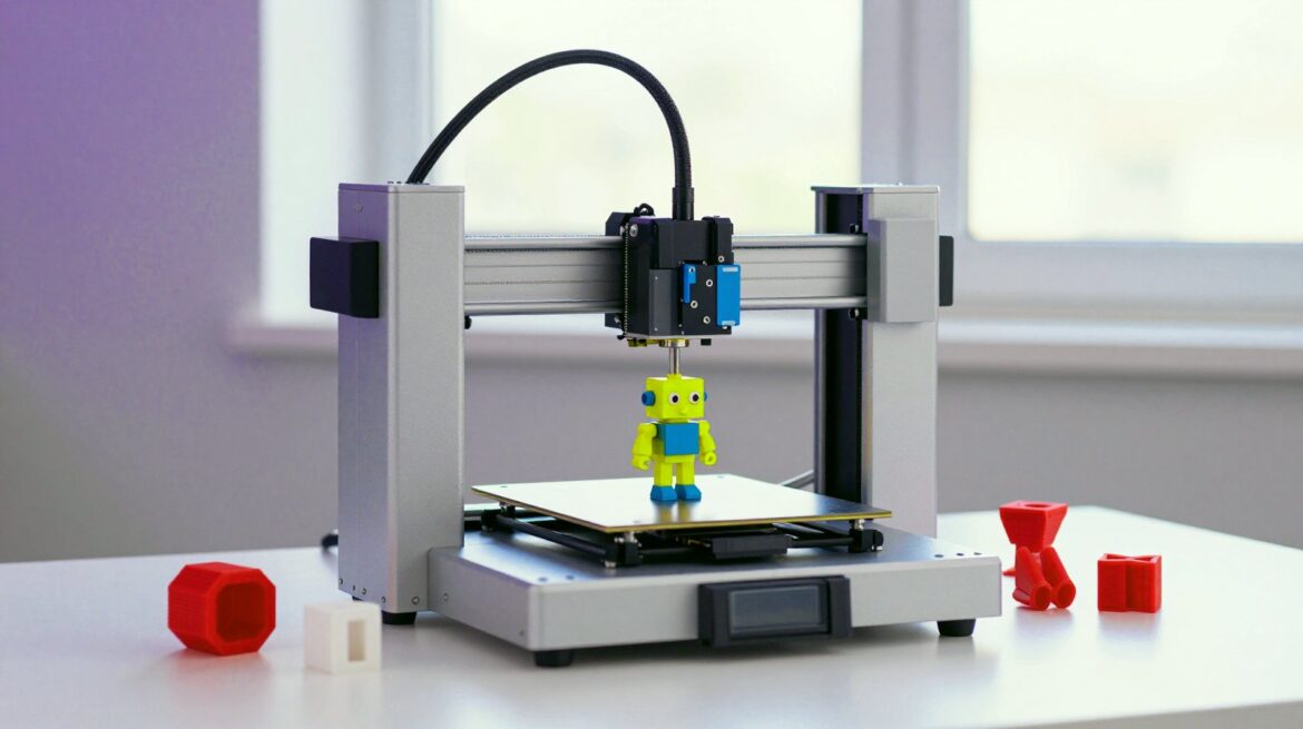 Una impresora 3D de escritorio imprimiendo una pequeña figura de robot amarilla y azul, con piezas rojas impresas al lado sobre un banco blanco.