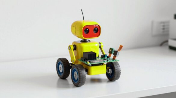 Un pequeño robot con ruedas que lleva una placa compacta con dos cámaras diminutas como ojos.