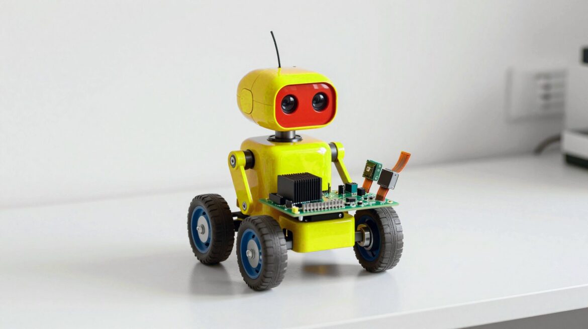 A small wheeled robot carrying a compact computer board with two little cameras as eyes.