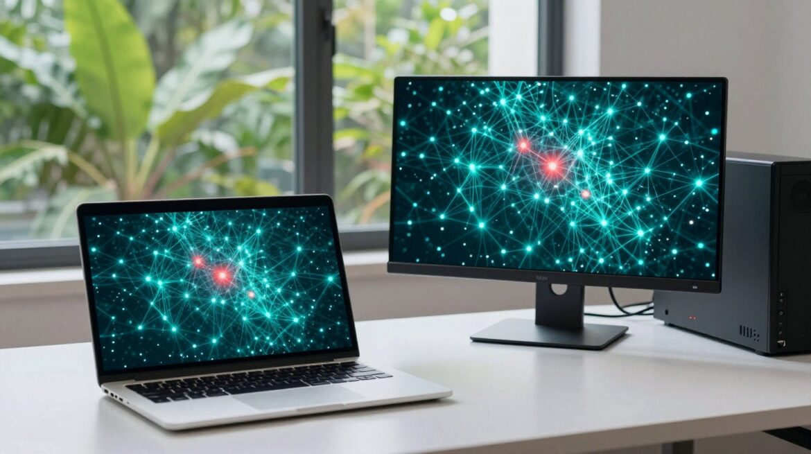 A laptop and a monitor on a bright office desk show a glowing network with one red node, next to a small server with a red status light.