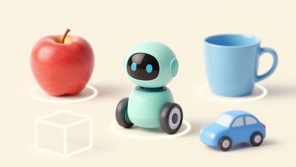 A small robot recognising an apple, a toy car and a cup, with glowing outlines around each object.