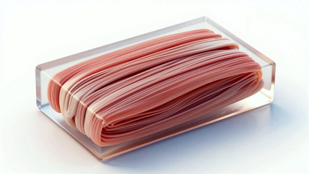 Un bloque de gel transparente con finas ranuras que sujetan fibras musculares rosas alineadas.