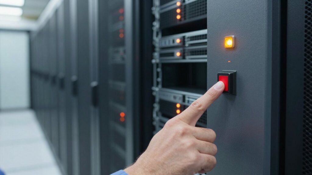 A hand presses a large pause button in a data-centre aisle while one server rack shows an amber warning light.