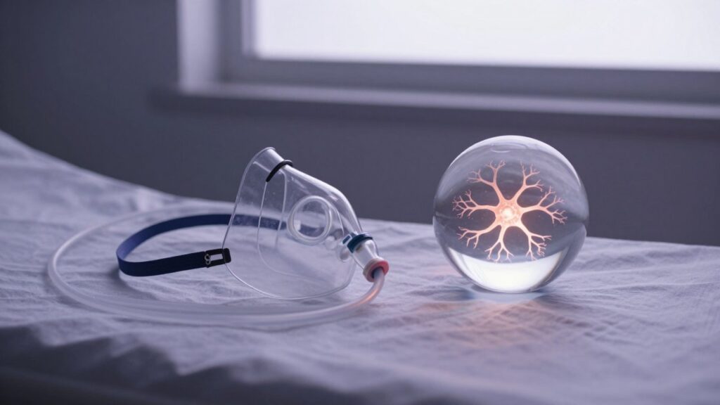 An anaesthesia mask on a hospital blanket beside a glass sphere holding a glowing network, half bright and half dimmed.