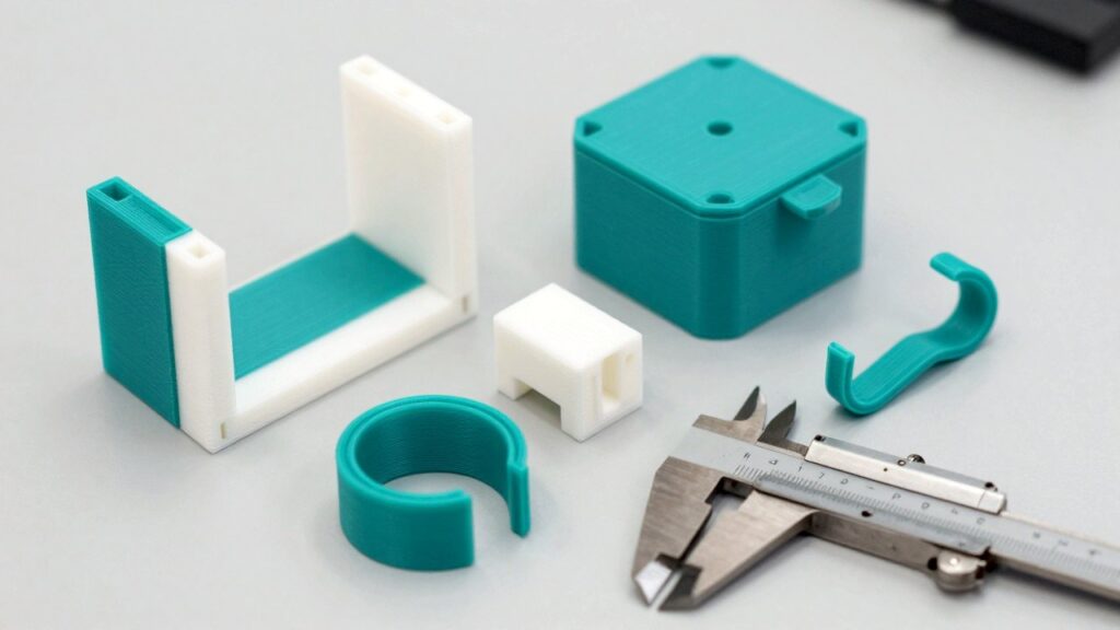 3D-printed brackets, a box, a cable clip and a hook on a workbench, with calipers measuring a hole.