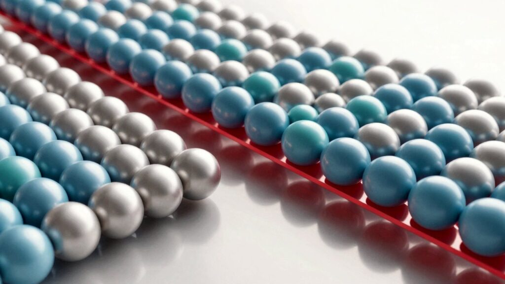 3D view of a metal crystal's atoms as rows of shiny blue, teal and silver spheres, with a thin red plane running between the rows.