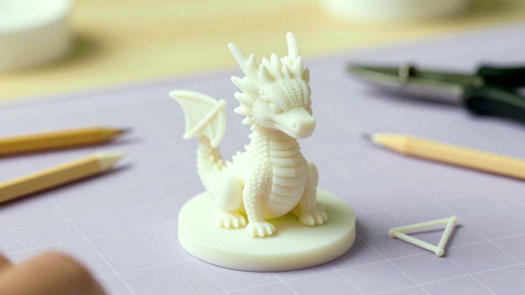 A white 3D-printed dragon figurine on a flat base, with small support pieces and tools beside it.