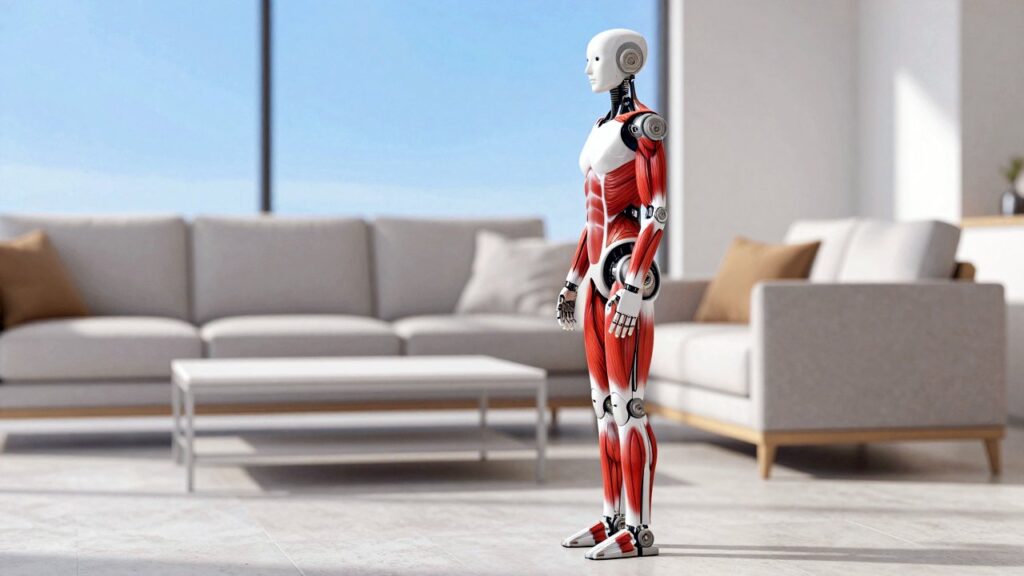Un robot humanoide con fibras musculares rojas de pie en un salón luminoso.
