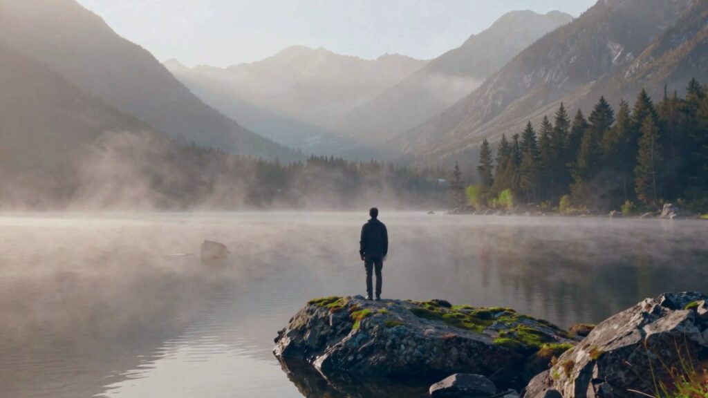 A small figure seen from behind stands on a rock by a calm mountain lake at sunrise, looking out over misty forest.