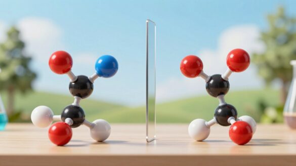 Dos modelos de moléculas de colores que son imagen especular el uno del otro, enfrentados ante un espejo.