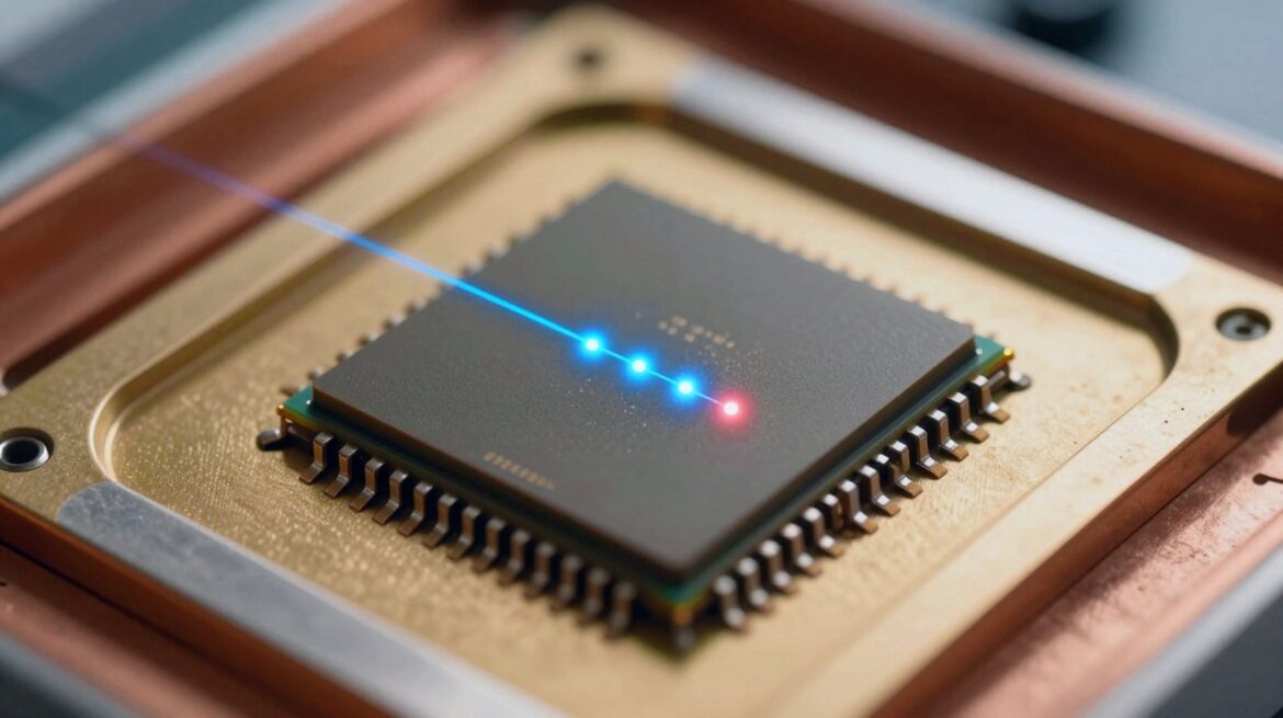 Un diminuto chip de silicio en una plataforma de refrigeración, con una línea azul luminosa que une una fila de puntos de luz, el último rojo.
