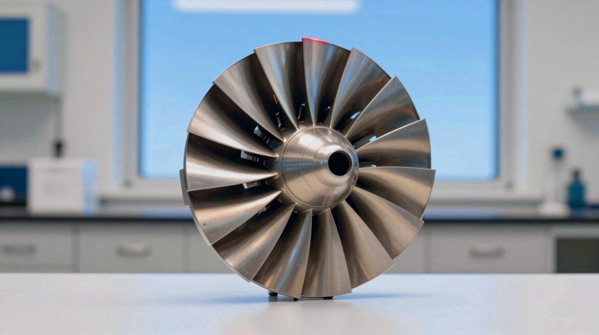A polished silver turbine blade on a white lab bench, with a faint pattern of fine lines and a glowing hot tip.