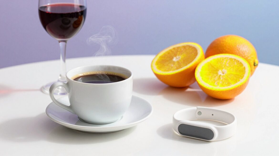 A cup of coffee, halved oranges, a glass of red wine and a white wristband on a white table.