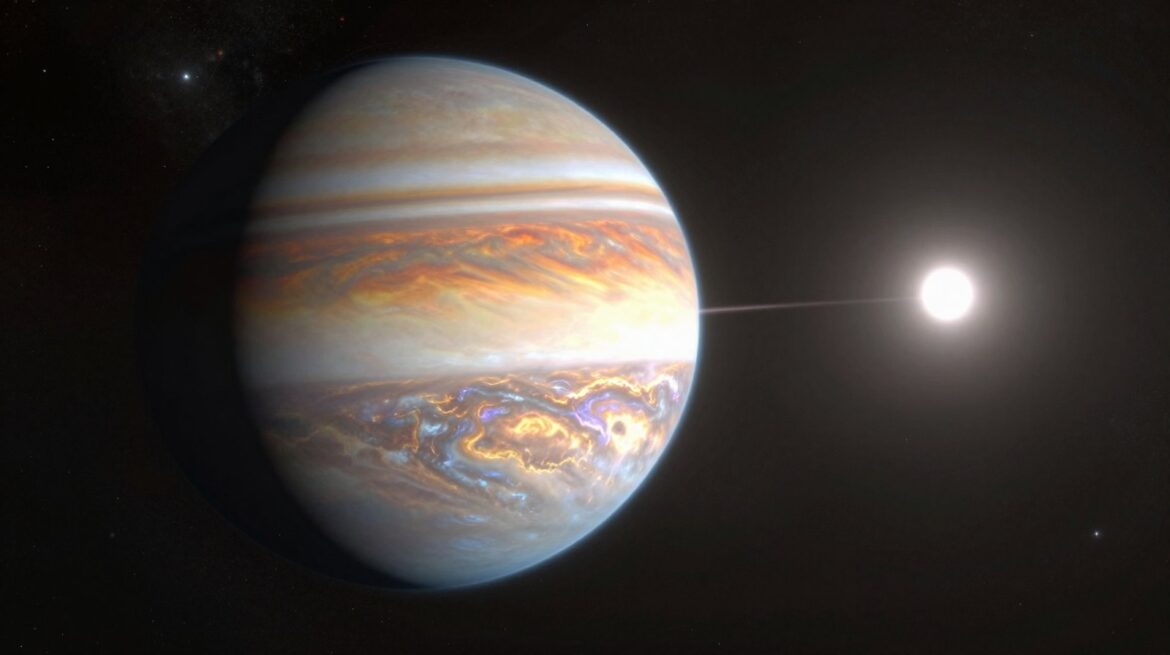 A tiny bright white dwarf surrounded by a disc of gas and dust, with a young giant planet forming close to it.